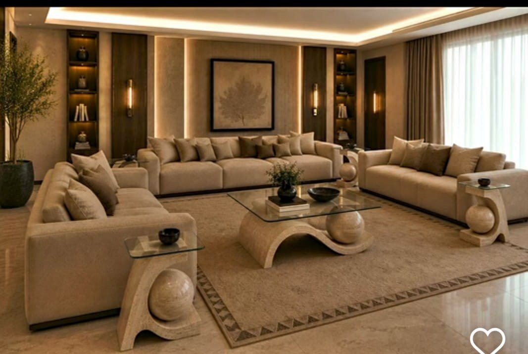 Luxury beige majlis lounge with large sofas and marble tables